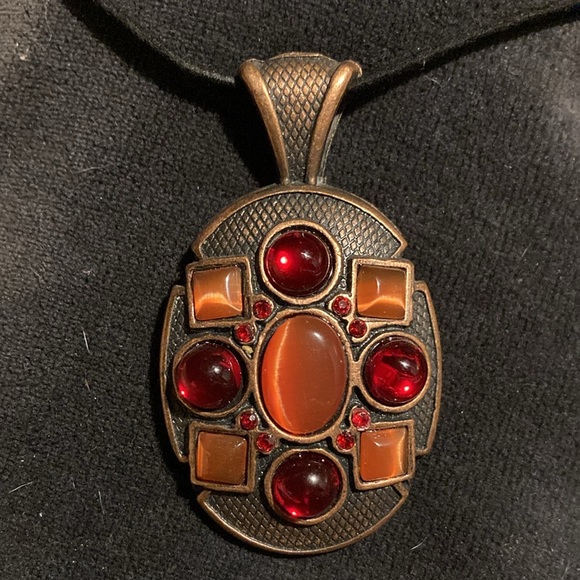 Necklace, copper base with 4 red glass stones, and 5 orange cat eyes $29 - Picture 1 of 13